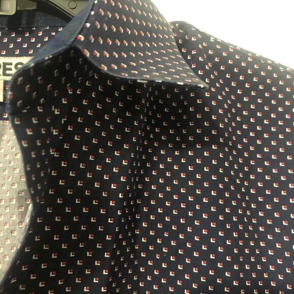 Express Mens Fitted Polka Dot Button Down Shirt Navy Blue Lrge - Picture 6 of 7